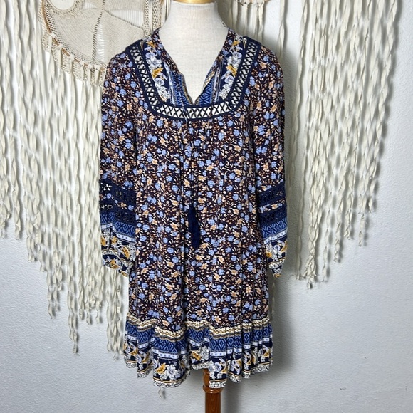 Sundance Dresses & Skirts - Sundance Simono Blue Floral Long Sleeve Boho Babydoll Dress Size M